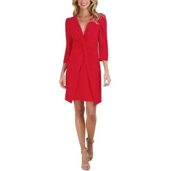 julia jordan Women's Puffed-Shoulder Twist-Front Scuba Crepe Dress Red Size 12 - Picture 2 of 10